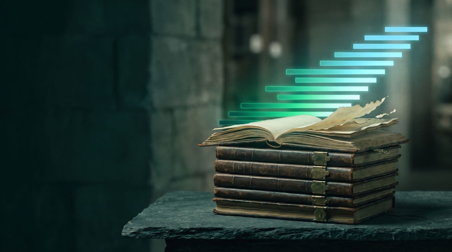 Libros contables antiguos cuyas páginas se convierten en barras de luz ordenadas