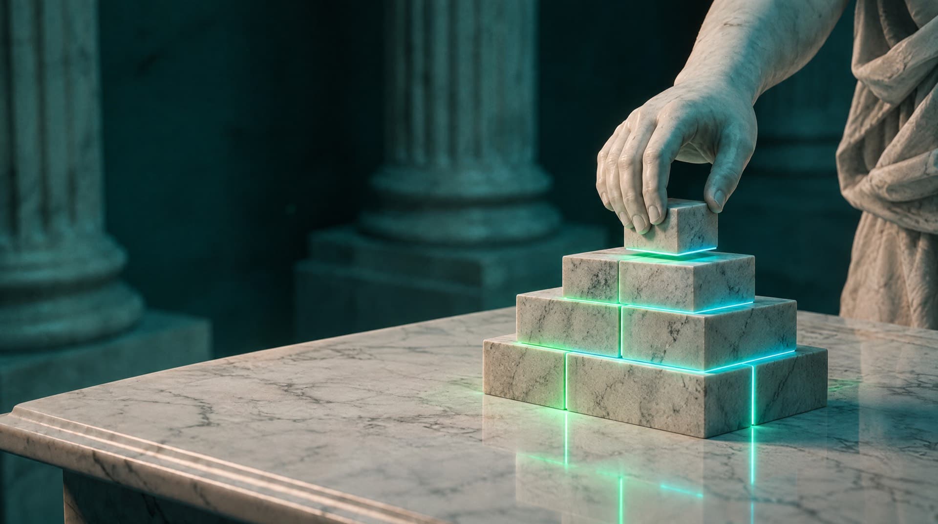 Una mano de mármol encaja el último bloque de piedra en una estructura cuyas uniones brillan en verde