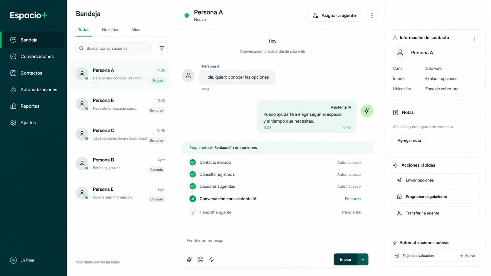 Bandeja de conversaciones anonimizada, con el asistente de IA respondiendo una consulta de la web